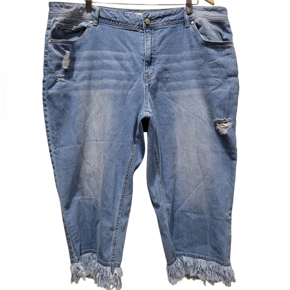 Distressed Blue Denim Jeans with Fringe Hem - Picture 1 of 4